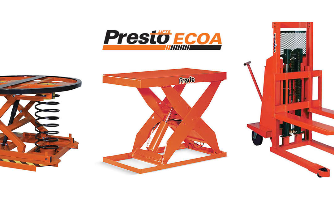 3 orange ems partners presto lifts on white background and presto lifts ECOA logo