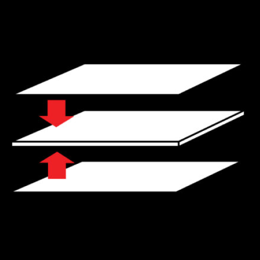 cropped european machinery services icon, 3 white rectangular sheets with arrow pointing down between first two sheets and arrow pointing up between 2nd and 3rd sheets indicating bringing pieces together in white, red and black