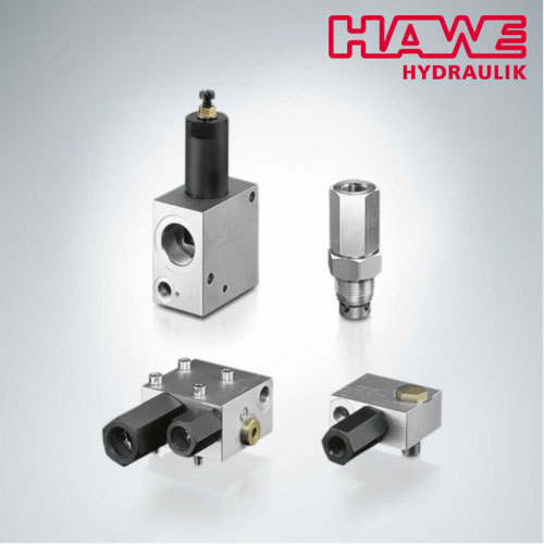 4 hawe mobile hydraulics machine parts with red HAWE Hyraulik logo in upper right corner