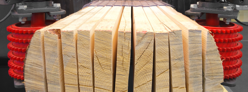 close up view of cut lumber in an industrial lumber saw